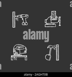 Construction tools chalk icons set. Carpentry. Portable screwdriver, bench vice, electric jigsaw, hand hammering nail. Isolated vector chalkboard illu Stock Vector