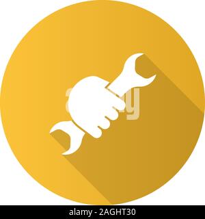 Hand holding wrench flat linear long shadow icon. Double open ended spanner. Vector outline symbol Stock Vector