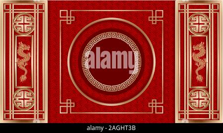 chinese new year background with gold dragons, decorations and round frame with space for your text Stock Vector