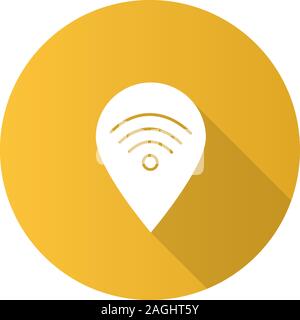 Map pinpoint with wifi signal inside flat design long shadow glyph icon. Place with internet access location. Vector silhouette illustration Stock Vector
