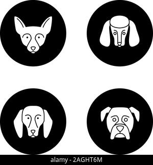 Dogs breeds glyph icons set. Chihuahua, poodle, beagle, boxer. Vector white silhouettes illustrations in black circles Stock Vector