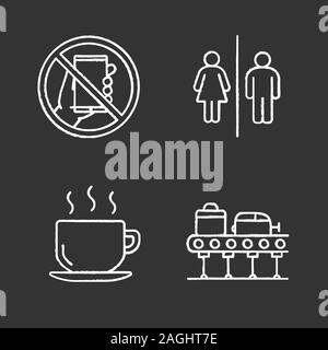 Airport service chalk icons set. Smartphone prohibition, WC sign, hot drink, baggage carousel. Isolated vector chalkboard illustrations Stock Vector