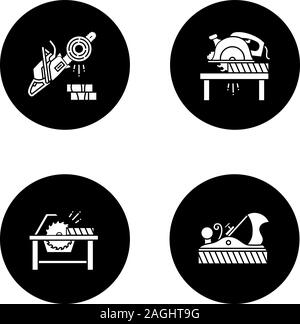 Construction tools glyph icons set. Carpentry. Chainsaw, circular saws, jack plane. Vector white silhouettes illustrations in black circles Stock Vector