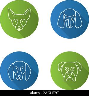 Dogs breeds flat linear long shadow icons set. Chihuahua, poodle, beagle, boxer. Vector outline illustration Stock Vector