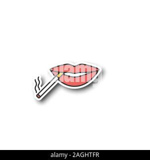 Cigarette in mouth patch. Smoking positive concept. Color sticker. Vector isolated illustration Stock Vector