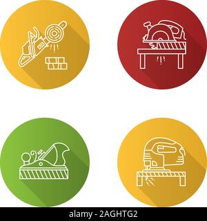 Carpentry flat linear long shadow icons set. Woodworking. Chainsaw, circular saw, jack plane, electric jigsaw. Vector outline illustration Stock Vector