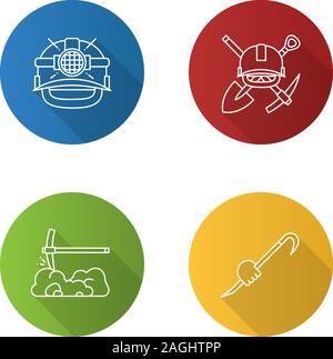 Mining construction tools flat linear long shadow icons set. Safety helmet, mining emblem, pickaxe, crowbar in hand. Vector outline illustration Stock Vector