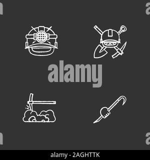Construction tools chalk icons set. Mining. Safety helmet, mining emblem, pickaxe, crowbar in hand. Isolated vector chalkboard illustrations Stock Vector