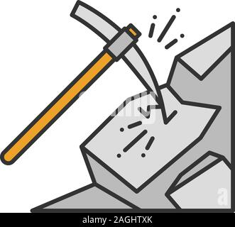 Pickaxe breaking mountain color icon. Mining. Navvy pick. Isolated vector illustration Stock Vector