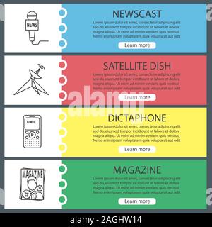 Mass media web banner templates set. Newscast, satellite dish, dictaphone, magazine. Website color menu items with linear icons. Vector headers design Stock Vector
