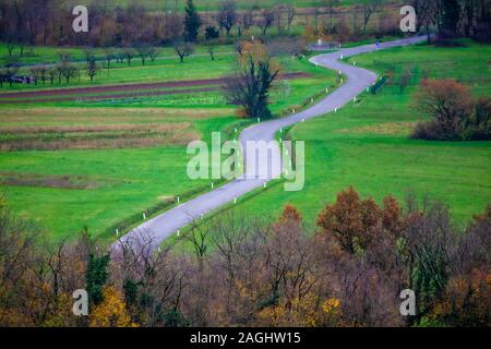 a zigzag road leading from the forest into the city through fields Stock Photo