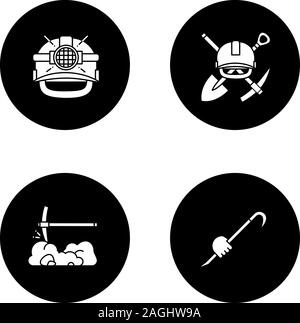 Construction tools glyph icons set. Mining. Safety helmet, mining emblem, pickaxe, crowbar in hand. Vector white silhouettes illustrations in black ci Stock Vector