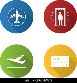 Airport service flat design long shadow glyph icons set. Flight transit, portal metal detector, airplane departure, credit card. Vector silhouette ill Stock Vector
