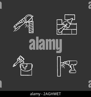Construction tools chalk icons set. Angle grinder machine, brick wall with triangular shovel, bucket with paint brush, cordless drill. Isolated vector Stock Vector