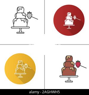 Chocolate fountain and strawberry icon. Fondue. Flat design, linear and color styles. Isolated vector illustrations Stock Vector