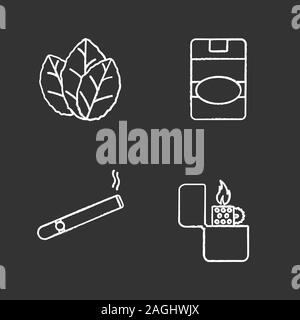 Smoking chalk icons set. Tobacco leaves, flip lighter, burning cigar, cigarette pack. Isolated vector chalkboard illustrations Stock Vector