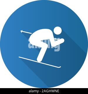 Skier flat design long shadow glyph icon. Skiing person. Vector silhouette illustration Stock Vector