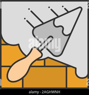 Brick wall with triangular shovel color icon. Cement solution. Putty knife, spatula. Isolated vector illustration Stock Vector
