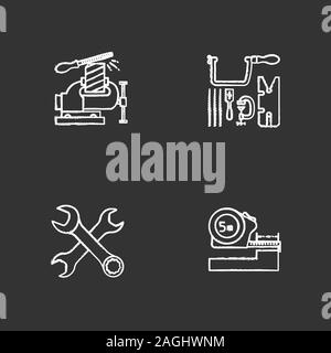 Construction tools chalk icons set. Bench vice with metal file, jeweler saw set, crossed wrenches, meter. Isolated vector chalkboard illustrations Stock Vector