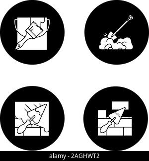 Construction tools glyph icons set. Paint bucket with brush, digging shovel, brick wall with triangular shovel. Vector white silhouettes illustrations Stock Vector