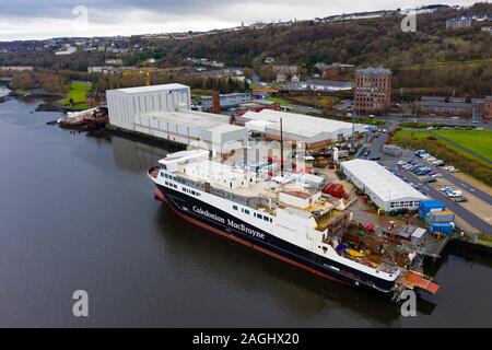 Aerial view of recently nationalised Ferguson Marine shipyard and  Calmac ferry Glen Sannox  on the Clyde at Port Glasgow, Scotland ,UK Stock Photo