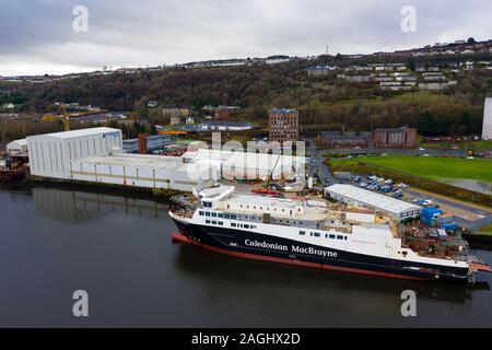 Aerial view of recently nationalised Ferguson Marine shipyard and  Calmac ferry Glen Sannox  on the Clyde at Port Glasgow, Scotland ,UK Stock Photo