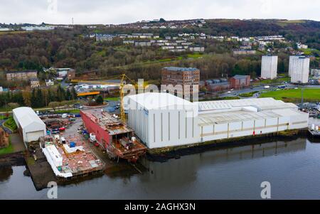 Aerial view of recently nationalised Ferguson Marine shipyard on the Clyde at Port Glasgow, Scotland ,UK Stock Photo