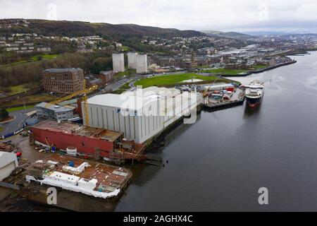 Aerial view of recently nationalised Ferguson Marine shipyard and  Calmac ferry Glen Sannox  on the Clyde at Port Glasgow, Scotland ,UK Stock Photo