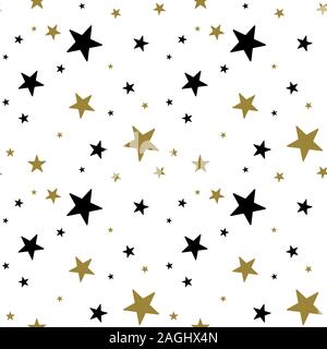 Repeated ornament with black and gold star shapes on white background. Simple contrast backdrop. Vector illustration. Stock Vector