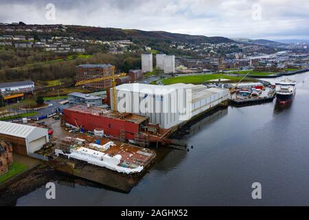 Aerial view of recently nationalised Ferguson Marine shipyard and  Calmac ferry Glen Sannox  on the Clyde at Port Glasgow, Scotland ,UK Stock Photo