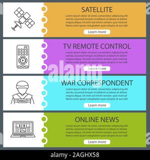 Mass media web banner templates set. Satellite signal, TV remote control, war correspondent, online news. Website color menu items with linear icons. Stock Vector