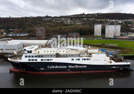 Aerial view of recently nationalised Ferguson Marine shipyard and  Calmac ferry Glen Sannox  on the Clyde at Port Glasgow, Scotland ,UK Stock Photo