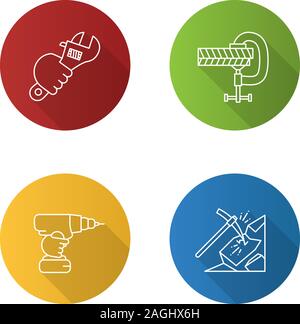 Construction tools flat linear long shadow icons set. Wrench in hand, screw clamp, cordless drill, pickaxe. Vector outline illustration Stock Vector