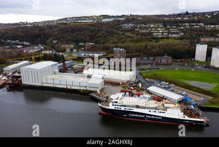 Aerial view of recently nationalised Ferguson Marine shipyard and  Calmac ferry Glen Sannox  on the Clyde at Port Glasgow, Scotland ,UK Stock Photo