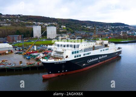 Aerial view of recently nationalised Ferguson Marine shipyard and  Calmac ferry Glen Sannox  on the Clyde at Port Glasgow, Scotland ,UK Stock Photo