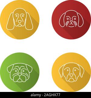Dogs breeds flat linear long shadow icons set. Cocker Spaniel, Shih Tzu, pug, Rottweiler. Vector outline illustration Stock Vector