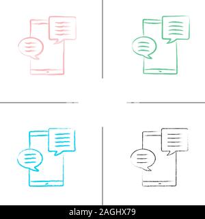 Smartphone with speech bubble hand drawn icons set. SMS, notification, message. Online chat. Forum. Color brush stroke. Isolated vector sketchy illust Stock Vector