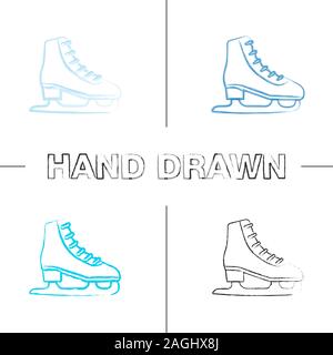 Ice skate hand drawn icons set. Skating boot. Color brush stroke. Isolated vector sketchy illustrations Stock Vector