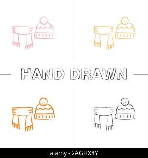 Scarf and hat with pompom hand drawn icons set. Winter clothes. Color brush stroke. Isolated vector sketchy illustrations Stock Vector