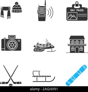 Winter activities glyph icons set. Hat and scarf, walkie talkie, ski pass, photo camera, snowmobile, cottage, ice hockey gear, sled, snowboard. Silhou Stock Vector