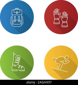 Winter activities flat linear long shadow icons set. Backpack, skiing gloves and boots, skier. Vector outline illustration Stock Vector