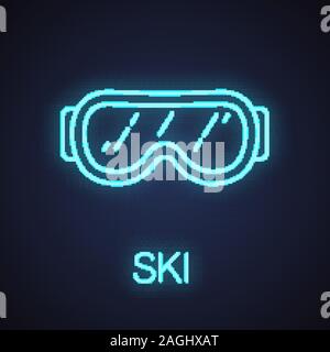 Ski goggles neon light icon. Snow glasses. Safety eyeglasses. Glowing sign. Vector isolated illustration Stock Vector