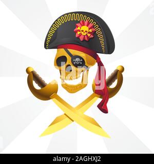 Pirate skull in red bandana and cocked hat with sabers criss-cross on isolated background. Vector image Stock Vector