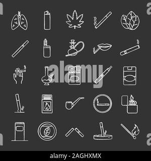 Smoking chalk icons set. Cigarettes, smoking devices, cannabis culture. Isolated vector chalkboard illustrations Stock Vector