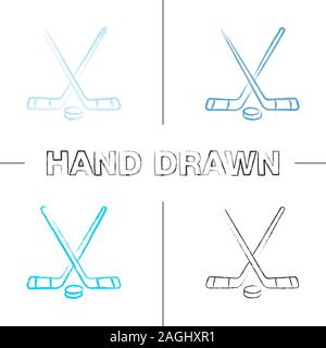 Crossed hockey sticks with puck hand drawn icons set. Ice hockey equipment. Color brush stroke. Isolated vector sketchy illustrations Stock Vector