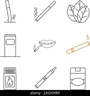 Smoking linear icons set. Stubbed out and burning cigarettes, tobacco leaves, garbage bin, smoker, cigar, matchbox, vape, cigarette pack. Thin line co Stock Vector
