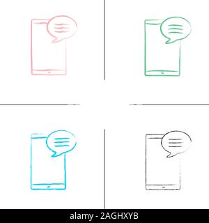 Smartphone with speech bubble hand drawn icons set. SMS, notification, message. Online chat. Forum. Color brush stroke. Isolated vector sketchy illust Stock Vector