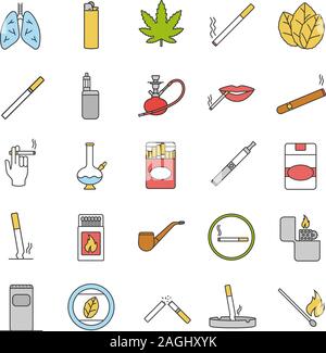 Smoking color icons set. Cigarettes, smoking devices, cannabis culture. Isolated vector illustrations Stock Vector