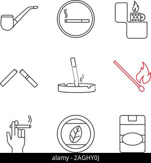 Smoking linear icons set. Tobacco leaf, pipe, smoking, lighter, broken and stubbed out cigarettes, matchstick, smoker, cigarette pack. Thin line conto Stock Vector