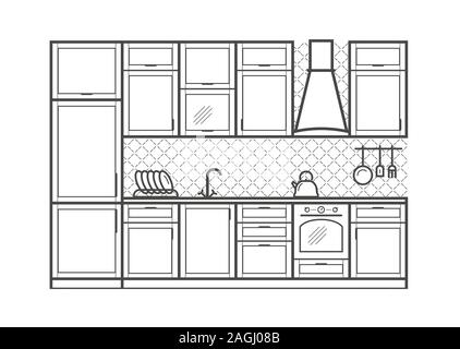 Kitchen furniture in linear style. Vector illustration Stock Vector